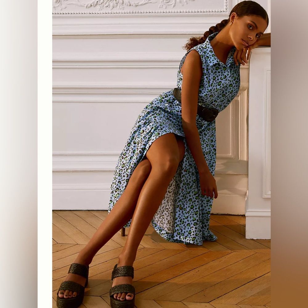 Maeve Anthropologie Paola Blue Leopard Flounced Midi Dress NWT XS